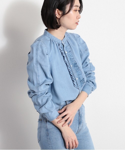 AMOMMA ネイビーフリルシャツ USAGI ONLINE限定カラー】RAFFLE FRILL TOPS（シャツ/ブラウス