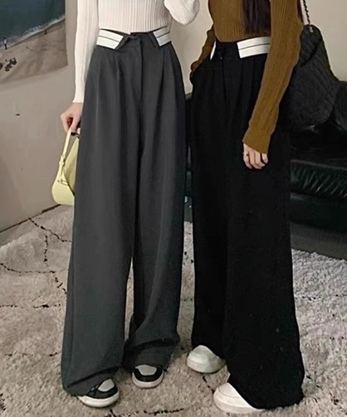 セール】ウエスト折り返しデザインタックワイドパンツ