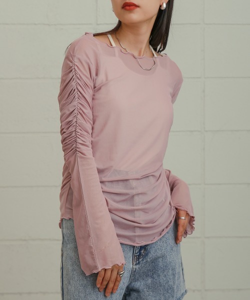 Bab(バブ)の「チュールギャザーフレアースリーブトップス(Tシャツ/カットソー・レディース・アイボリー/ブラウン/ブラック/ピンク・FREE)」の12枚目の写真
