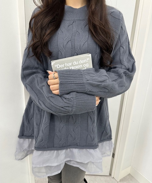 alotta(アロッタ)の「異素材切替重ね着風ニットチュニック(ニット/セーター・レディース・ミント/ブルーグレー/ブラック/モカ・L/LL/M/3L)」の2枚目の写真