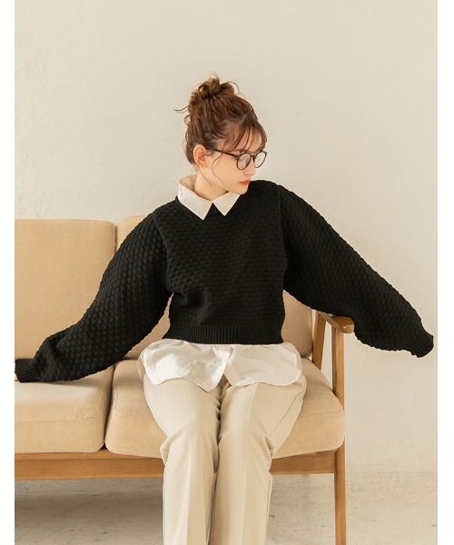 chocomee（チョコミー）の「popcorn short knit（ニット/セーター・レディース・アイボリー/ブラック・FREE）」の12枚目の写真
