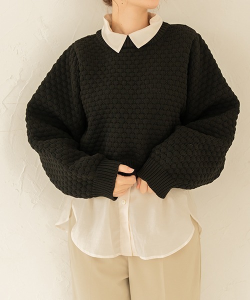 chocomee（チョコミー）の「popcorn short knit（ニット/セーター・レディース・アイボリー/ブラック・FREE）」の3枚目の写真