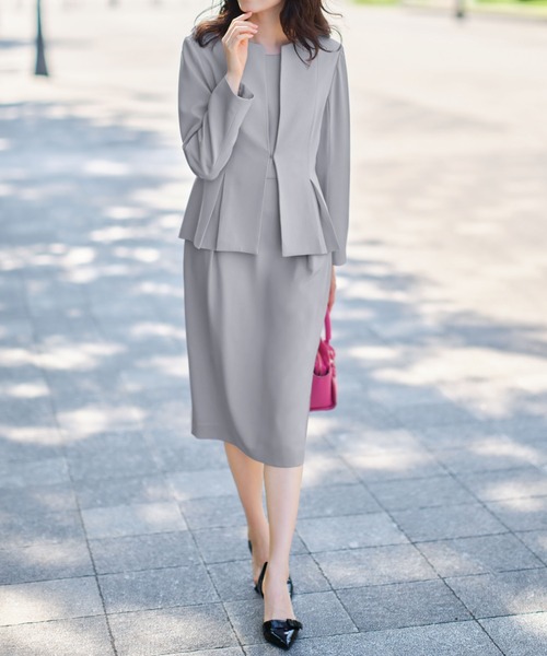 セール】[2点SET]ペプラムジャケット＋ワンピースセットアップ（スーツ