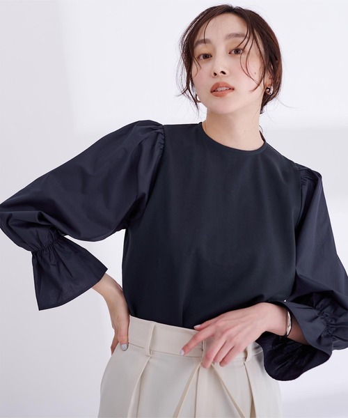 UR'S（ユアーズ）の「キャンディースリーブドッキングトップス（Tシャツ/カットソー・レディース・ホワイト/ネイビー・L/M/S）」の2枚目の写真