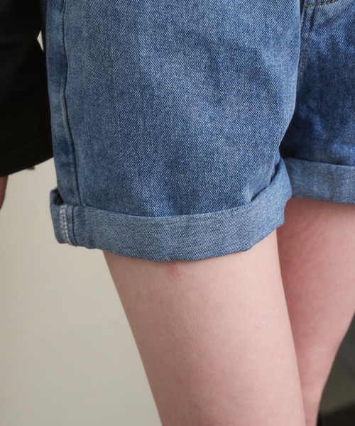 セール】ロールアップ ヘム ハイウエスト デニム ショートパンツ