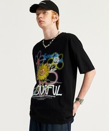 オーバーサイズ 落書きフラワープリントTシャツ