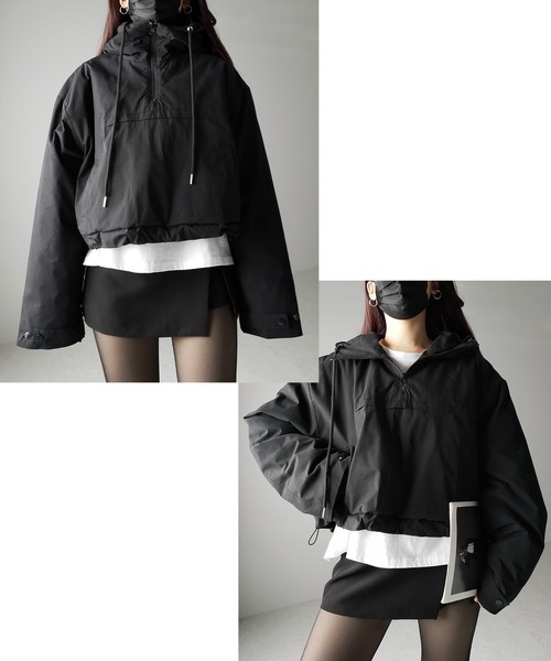 me+em select（ミームセレクト）の「【 裾絞り可能な２WAY 】ハーフジップフーディ中綿ショートアノラックパーカー（その他アウター・レディース・ブラック/アイボリー・FREE）」の12枚目の写真