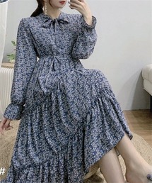 ウエストリボン　ボウタイティアードワンピース