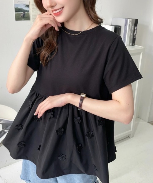 セール】フラワードット異素材切り替えプルオーバー（Tシャツ