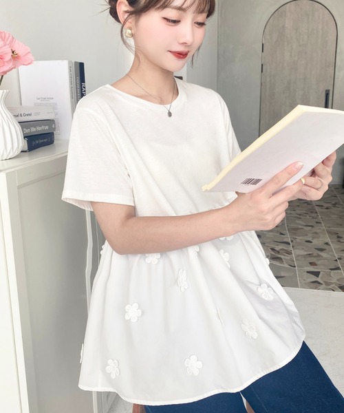 セール】フラワードット異素材切り替えプルオーバー（Tシャツ