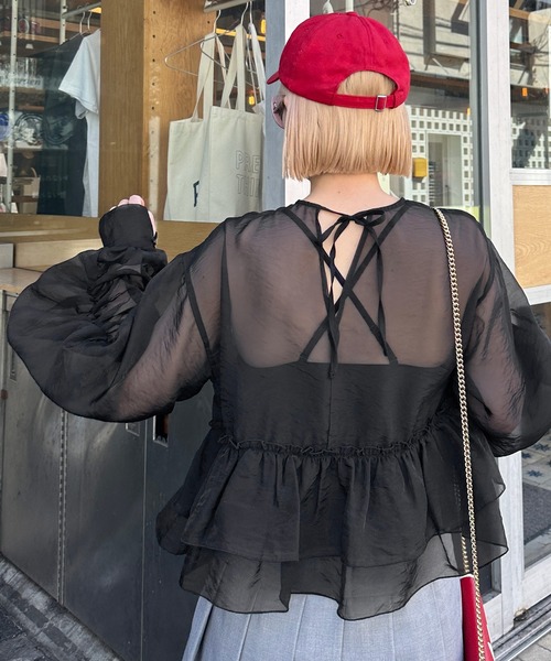 Alley by w closet（アリーバイダブルクローゼット）の「【Alley】シアーフリルボリューム袖プルオーバー（シャツ/ブラウス・レディース・イエロー/ブラック/オフホワイト・FREE）」の3枚目の写真