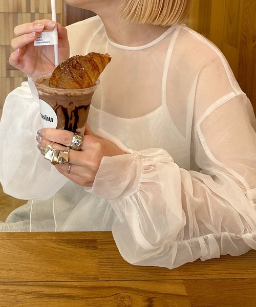 Alley by w closet（アリーバイダブルクローゼット）の「【Alley】シアーフリルボリューム袖プルオーバー（シャツ/ブラウス・レディース・イエロー/ブラック/オフホワイト・FREE）」の6枚目の写真