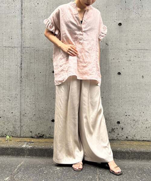 【美品】Liesse　リエス　リネンギャザースリーブブラウス　フリー　ピンク Liesse（リエス）の「リネンギャザースリーブブラウス（シャツ