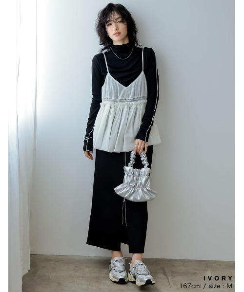 Re:EDIT（リエディ）の「[2024SS COLLECTION]チュールギャザーキャミソール（キャミソール・レディース・グレー/ブラック/アイボリー・MEDIUM/LARGE）」の15枚目の写真