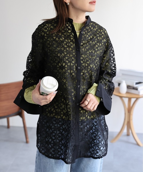 セール】レースバンドカラーブラウス/ シアーブラウス（シャツ