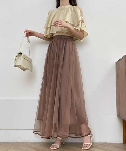 ABITOKYO（アビトーキョー）の「裾パイピングチュールフレアロングスカート（スカート・レディース・アイボリー/ブラック/モカ/チャコールグレー・M/L/S）」の19枚目の写真