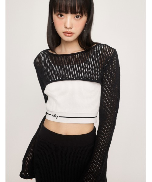 SLY（スライ）の「CROCHET SHORT TOPS クロシェット ショート トップス（ニット/セーター・レディース・ブラック/ライトブルー・FREE）」の2枚目の写真