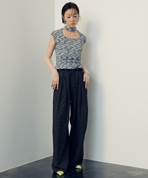 uyu.（ウユ）の「Drawstring Striped Wide Pants / ドロストストライプワイドパンツ【uyu./ウユ】（スラックス・レディース・ブラック/グレー・M/S）」の7枚目の写真