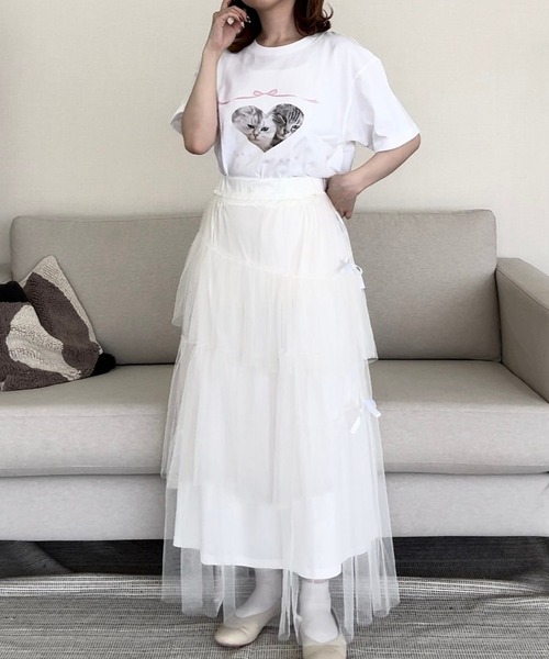 cuorequal(クオレコール)の「CATリボン半袖Tシャツ(Tシャツ/カットソー・レディース・ホワイト・LARGE/MEDIUM)」の2枚目の写真