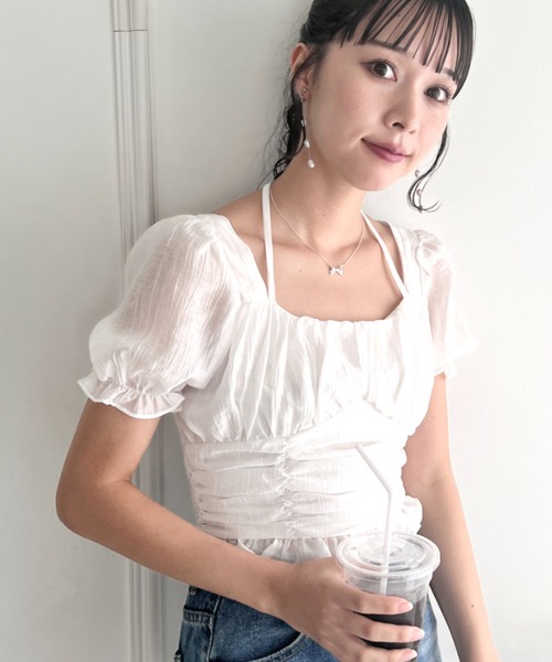 Loueme(ルエム)の「ホルターネックリボンギャザーブラウス(シャツ/ブラウス・レディース・ライトブルー/ホワイト/ピンク/ブラック・FREE)」の7枚目の写真