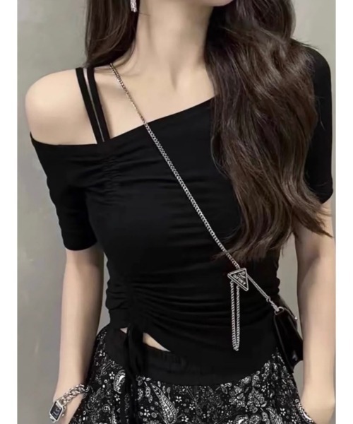 tシャツ ドローストリングTシャツ レディース セール】ストライプリボンネック ドローストリングトップス（T