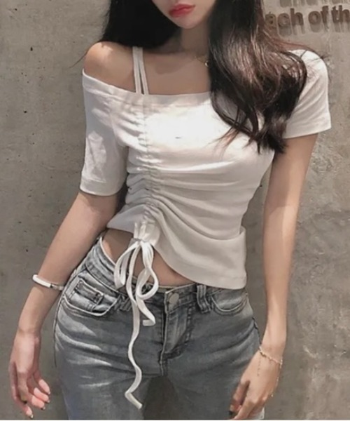 LADY LIKE（レディライク）の「ドローストリング肩見せトップス（Tシャツ/カットソー・レディース・ブラック/ホワイト/グレー・M）」の10枚目の写真