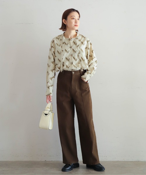 HERMES シルク100% ボウタイ付きシャツブラウス カシュクール ホース柄 HERMES シルク100% ボウタイ付きシャツブラウス カシュクール ホース柄