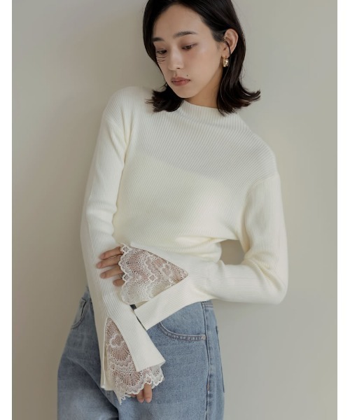 セール】袖レースレイヤードフレアスリーブニットトップス（ニット
