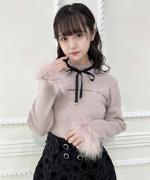 ファーカフスデコルテ開きニット