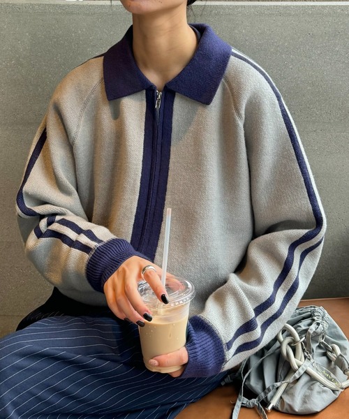 CIAOPANIC TYPY(チャオパニックティピー)の「【UNISEX】衿付きラインジップニット/WEB限定(ニット/セーター・メンズ・グレー/ベージュ/オレンジ・MEDIUM/LARGE)」の5枚目の写真