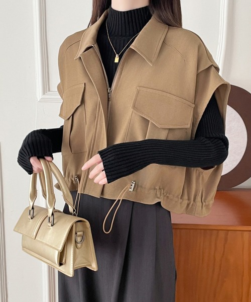 ECLIN（エクラン）の「ドロストフレンチスリーブショートベスト（ベスト・レディース・ベージュ/ブラック・L/M/S）」の5枚目の写真