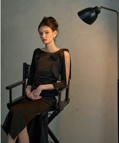 Shoulder Ribbon Satin Drape one piece ショルダーリボンサテン