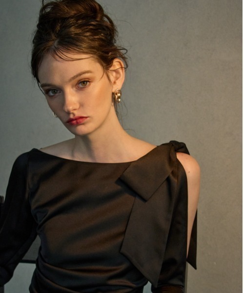 Shoulder Ribbon Satin Drape one piece ショルダーリボンサテン