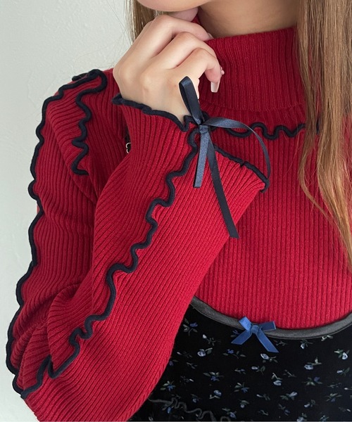 kutir（クティール）の「【新色追加】リボンメロータートルニット（ニット/セーター・レディース・ブルー/オレンジ/アイボリー/グリーン/レッド/グレー/ブラック・FREE）」の6枚目の写真