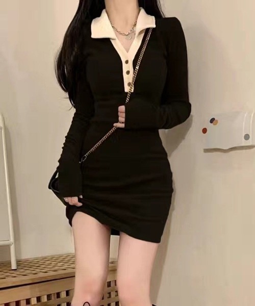 セール】Nia/ポロ くびれ リブタイトミニワンピース（ワンピース