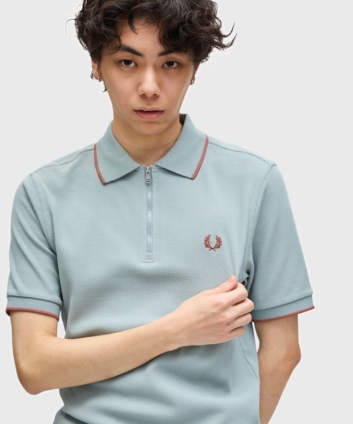 Textured Zip Neck Polo Shirt／テクスチャージップネック