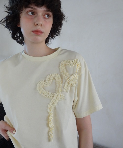 トップス Lace and tulle frill heart T-shirt heart frill T-shirt／ハートフリルTシャツ（Tシャツ/カットソー