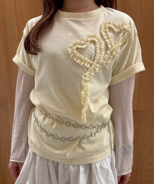 トップス Lace and tulle frill heart T-shirt heart frill T-shirt／ハートフリルTシャツ（Tシャツ/カットソー