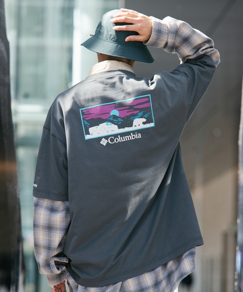Columbia（コロンビア）の「【ムラサキスポーツ限定】columbia/コロンビア オーバーサイズTシャツ 半袖T UVケア バックプリント PM4502（Tシャツ/カットソー・メンズ・ブラウン系その他2/ブラック×ブルー/ホワイト×グレー/ブラウン系その他/チャコールグレー×パープル/チャコールグレー×ブラック/ブラック×グレー/ホワイト系その他/ホワイト×イエロー/ブラック×ピンク/ベージュ系その他/グリーン系その他・S/M/L/XL）」の7枚目の写真