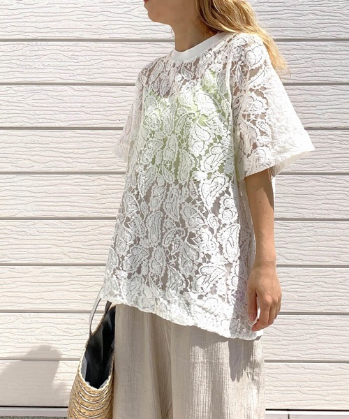 レースオーバーサイズT（Tシャツ/カットソー）｜Q（キュー）の