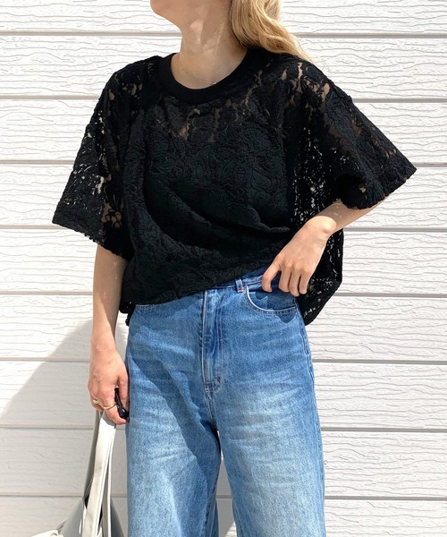 Q（キュー）の「レースオーバーサイズT（Tシャツ/カットソー・レディース・ブラック/ホワイト・MEDIUM）」の6枚目の写真