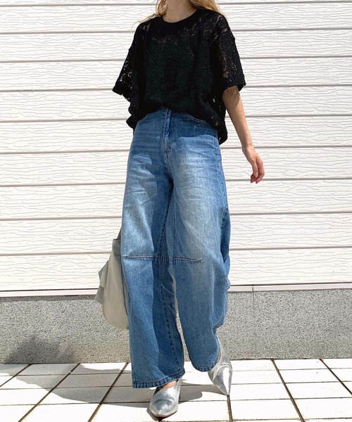 Q（キュー）の「レースオーバーサイズT（Tシャツ/カットソー・レディース・ブラック/ホワイト・MEDIUM）」の13枚目の写真