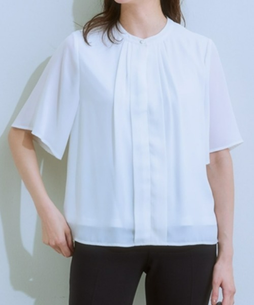 7days Life Styling（セブンデイズライフスタイリング）の「【カットソー裏地付】フロントタックジョーゼットフレア５分袖ブラウス<大きいサイズ有>（シャツ/ブラウス・レディース・ミント/オフホワイト/グレイッシュベージュ/ブラック・S/M/L/LL/3L）」の2枚目の写真