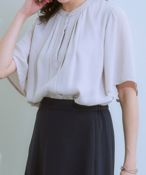 7days Life Styling（セブンデイズライフスタイリング）の「【カットソー裏地付】フロントタックジョーゼットフレア５分袖ブラウス<大きいサイズ有>（シャツ/ブラウス・レディース・ミント/オフホワイト/グレイッシュベージュ/ブラック・S/M/L/LL/3L）」の4枚目の写真