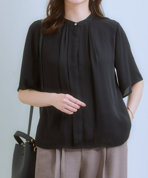 7days Life Styling（セブンデイズライフスタイリング）の「【カットソー裏地付】フロントタックジョーゼットフレア５分袖ブラウス<大きいサイズ有>（シャツ/ブラウス・レディース・ミント/オフホワイト/グレイッシュベージュ/ブラック・S/M/L/LL/3L）」の3枚目の写真