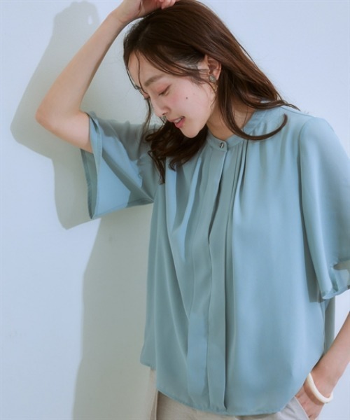 7days Life Styling（セブンデイズライフスタイリング）の「【カットソー裏地付】フロントタックジョーゼットフレア５分袖ブラウス<大きいサイズ有>（シャツ/ブラウス・レディース・ミント/オフホワイト/グレイッシュベージュ/ブラック・S/M/L/LL/3L）」の9枚目の写真