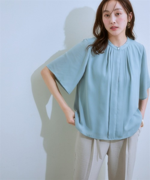 7days Life Styling（セブンデイズライフスタイリング）の「【カットソー裏地付】フロントタックジョーゼットフレア５分袖ブラウス<大きいサイズ有>（シャツ/ブラウス・レディース・ミント/オフホワイト/グレイッシュベージュ/ブラック・S/M/L/LL/3L）」の7枚目の写真