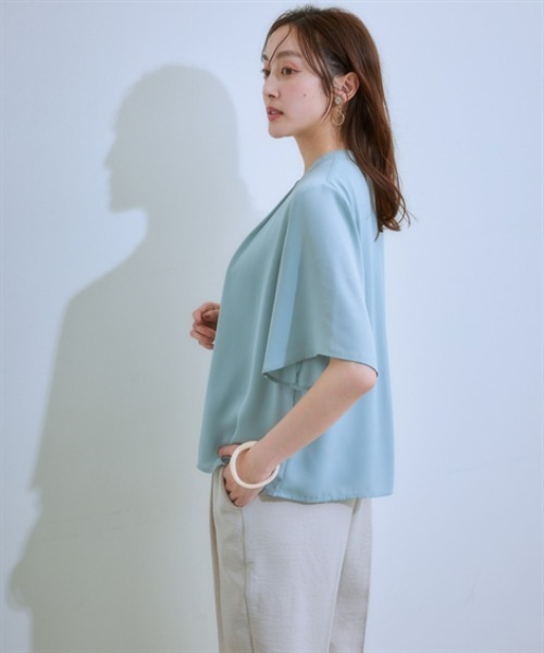 7days Life Styling（セブンデイズライフスタイリング）の「【カットソー裏地付】フロントタックジョーゼットフレア５分袖ブラウス<大きいサイズ有>（シャツ/ブラウス・レディース・ミント/オフホワイト/グレイッシュベージュ/ブラック・S/M/L/LL/3L）」の6枚目の写真