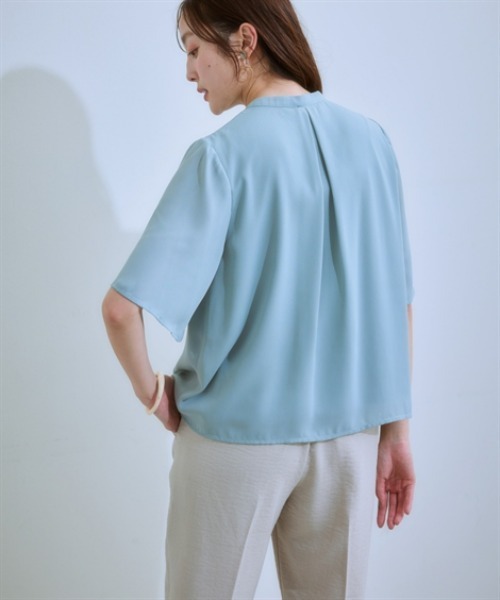 7days Life Styling（セブンデイズライフスタイリング）の「【カットソー裏地付】フロントタックジョーゼットフレア５分袖ブラウス<大きいサイズ有>（シャツ/ブラウス・レディース・ミント/オフホワイト/グレイッシュベージュ/ブラック・S/M/L/LL/3L）」の5枚目の写真