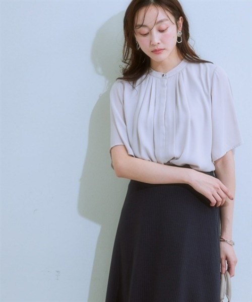 7days Life Styling（セブンデイズライフスタイリング）の「【カットソー裏地付】フロントタックジョーゼットフレア５分袖ブラウス<大きいサイズ有>（シャツ/ブラウス・レディース・ミント/オフホワイト/グレイッシュベージュ/ブラック・S/M/L/LL/3L）」の12枚目の写真